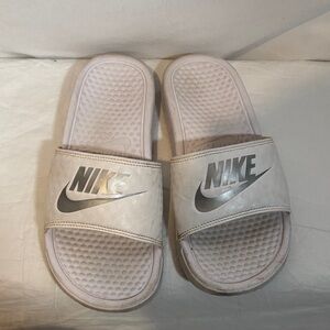 Nike White Slide Sandals with Silver Swoosh